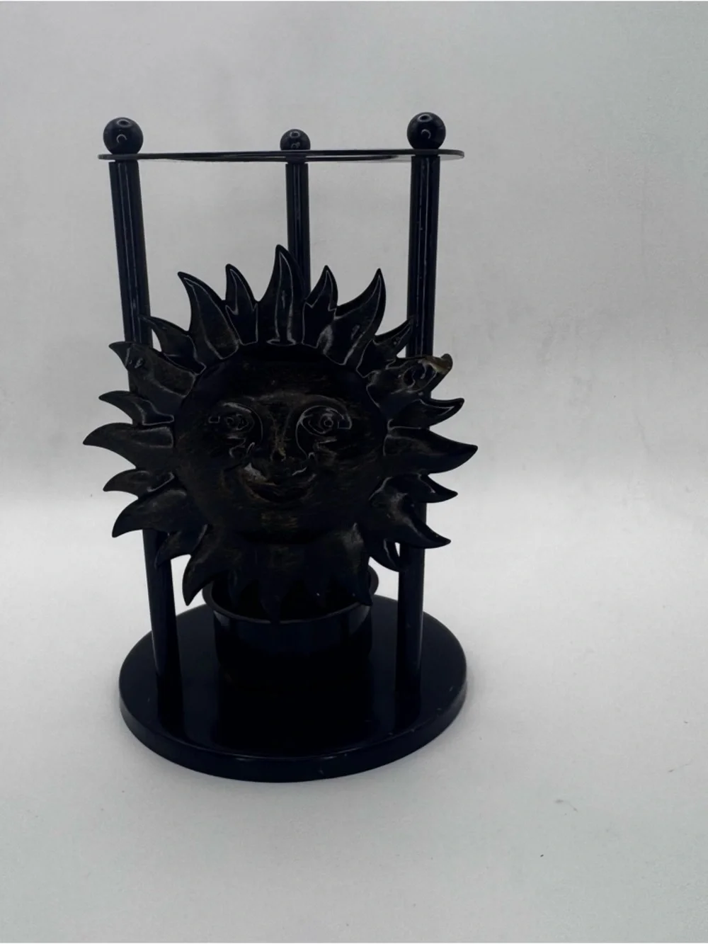 Sun Face Tealight Candle Holder Blue/Black Metal 5” Boho Decor - Picture 2 of 6